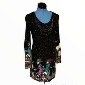 Sweater Dress with Girls on Bicycles in the Snow, Hearts saying “Love is”